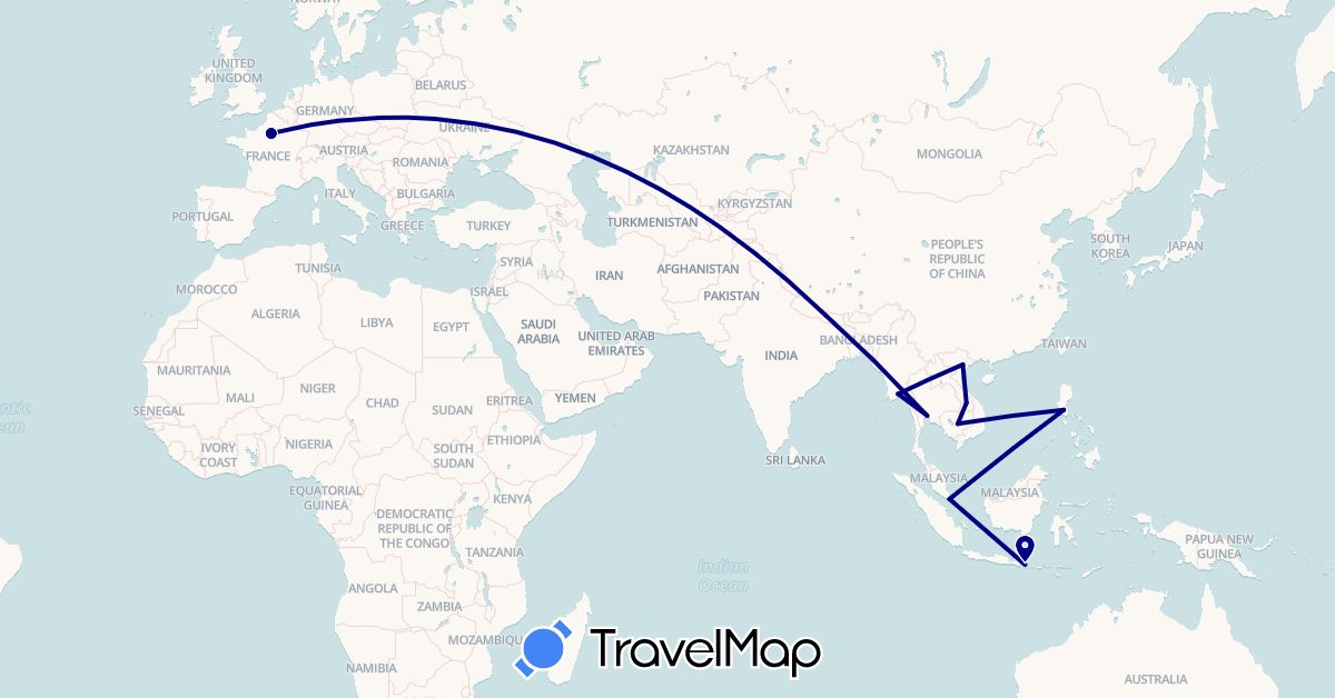 TravelMap itinerary: driving in France, Indonesia, Cambodia, Laos, Myanmar (Burma), Nepal, Philippines, Singapore, Thailand, Vietnam (Asia, Europe)
